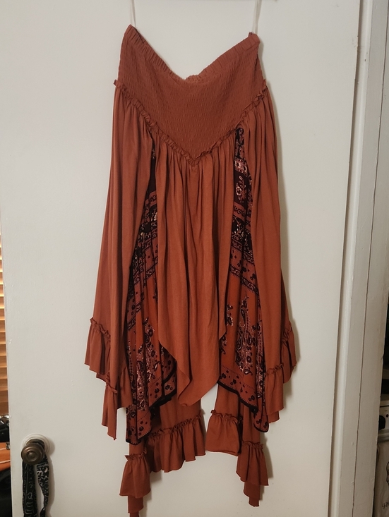 Earthbound Trading Co Dresses & Skirts - Smocked Waist Asymmetrical Skirt in Rust with Bandana Panels
